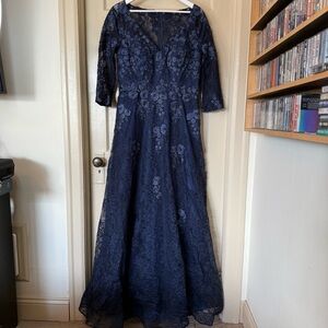La Femme Navy Lace 3/4 Sleeve Evening Gown – Size 12